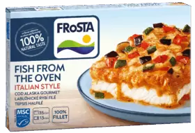 Krabice FRoSTA Fish from the Oven Italian Style, na které je zobrazena pečená treska se zeleninou a rajčatovou omáčkou. Vyzdvihuje 100% přírodní chuť, certifikát MSC.