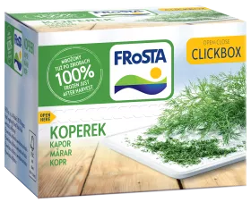 Krabice mraženého kopru FRoSTA s čerstvým a nasekaným koprem na talíři, štítek 100% mražený, "Koperek" a "CLICKBOX" na obalu.