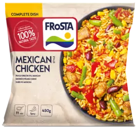 Balíček FRoSTA Mexican Chicken s miskou rýže, kuřecím masem, fazolemi, kukuřicí a paprikou; zdůrazňuje 100% přírodní chuť a pikantní příchuť.