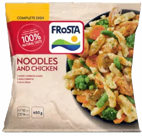 Balení FRoSTA Nudle a kuře s nudlemi, kuřecím masem a zeleninou; 100% přírodní chuť a 450 g uvedených na obalu.