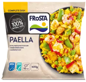 Balení FRoSTA Paella s rýží, krevetami, kuřecím masem, hráškem a červenou paprikou; 100% přírodní chuť; 400 g; hotovo za 10 minut.