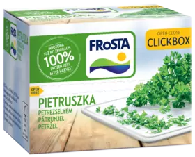 Krabice mražené petržele FRoSTA s etiketami v několika jazycích, obrázky čerstvé petržele a 100% zárukou čerstvosti na ClickBoxu.