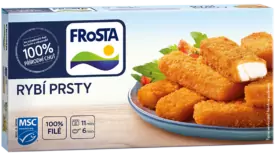 Krabice rybích prstů FRoSTA RYBÍ PRSTY s křupavými rybími prsty FRoSTA, salátovou přílohou a 100% filé zvýrazněným na krabici.