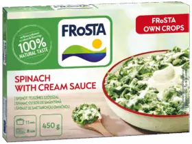 Krabice špenátu FRoSTA se smetanovou omáčkou a miska krémového špenátu. Na obalu FRoSTA je uvedena "100% přírodní chuť", 450 g a doba vaření.