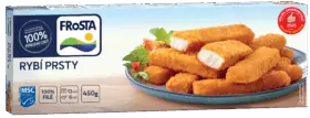 Krabice rybích prstů FRoSTA se 100% filé ukazuje na talíři zlatavé rybí prsty FRoSTA, z nichž některé jsou rozříznuté, aby se uvnitř objevila bílá ryba. 450g.