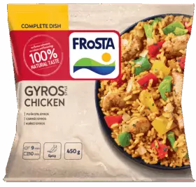 Balení kuřecího masa FRoSTA Gyros Style s rýží, paprikou a kuřecím masem, 100% přírodní chuť, 450 g, uvařeno za 9 minut.