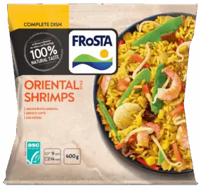 Balení mraženého pokrmu FRoSTA Oriental Shrimps s krevetami, rýží a zeleninou, 400 g, 9 minut vaření a označení 100% přírodní chuti.