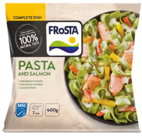 Sáček těstovin FRoSTA vedle mísy naplněné uvařenými těstovinami FRoSTA.