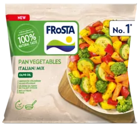 Balení italské zeleninové směsi FRoSTA Pan s olivovým olejem, barevná zelenina v misce, "100% přírodní chuť" a "No. 1" na obalu.