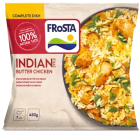 Balení FRoSTA Indian Style Butter Chicken obsahuje rýži, kuřecí maso, špenát v omáčce, "100% přírodní chuť", 450 g a 7 minut vaření.