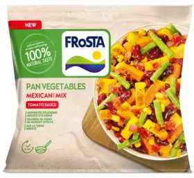 Balení FRoSTA Pan Vegetables Mexican Mix v rajčatové omáčce s barevnou zeleninou, 100% přírodní chuť, hotové za 7 minut.