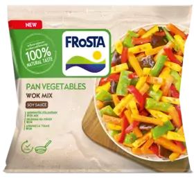 Balení FRoSTA Pan Vegetables Wok Mix obsahuje misku s barevnou zeleninou, sójovou omáčku, 100% přírodní chuť a pokyny k přípravě.