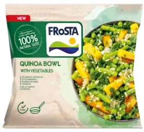 Balení misky FRoSTA Quinoa Bowl s barevnou zeleninou, 100% přírodní chutí a dobou přípravy 7 minut uvedenou na obalu.