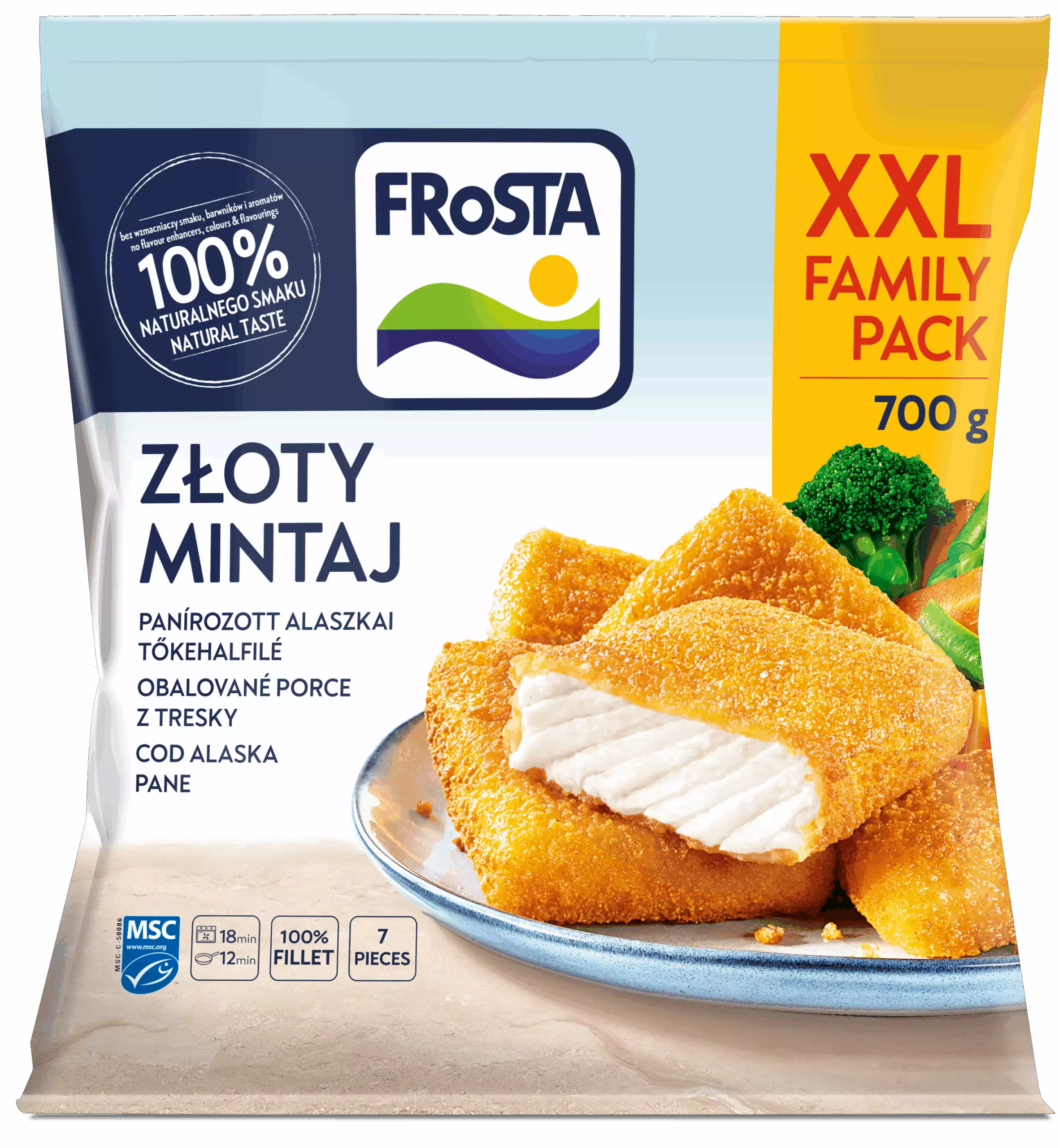 Balení filetů z aljašské tresky v pečivu FRoSTA Złoty Mintaj, rodinné balení XXL, 700 g. Na talíři jsou křupavé filety s brokolicí.