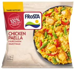 Barevný balíček FRoSTA Chicken Paella s rýží, kuřecím masem, zeleninou, polskými informacemi a návrhem na servírování na přední straně.