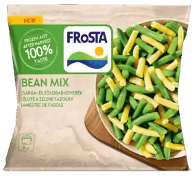 Balení směsi FRoSTA Bean Mix s mraženými žlutými a zelenými fazolemi. Vyzdvihuje 100% chuť, mražené po sklizni, v mnoha jazycích.