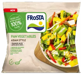 Sáček FRoSTA Pan Vegetables Asian Style s barevnou zeleninou na talíři. FRoSTA mražená těsně po sklizni, 100% chuť.