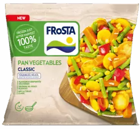 Balení mražené zeleniny FRoSTA Pan Vegetables Classic s miskou barevné zeleniny a údaji o produktu FRoSTA na přední straně.
