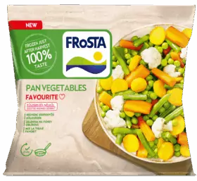 Balení FRoSTA Pan Vegetables zobrazuje mísu se zeleninovou směsí. Na obalu je uvedeno "100% chuť" a FRoSTA po sklizni zmražená.