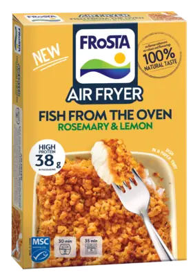 Na žluté krabici fritézy FRoSTA Air Fryer je vyobrazena ryba FRoSTA „Fish from the Oven Rosemary & Lemon“, vidlička s pečenou rybou, informace o vysokém obsahu bílkovin, značky MSC a „přírodní chuť“.