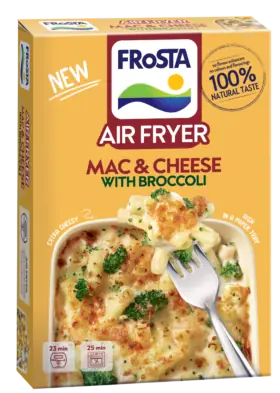 Krabička s produktem „FRoSTA Mac & Cheese s brokolicí“ pro přípravu v horkovzdušné fritéze. Na obalu je vyobrazena vidlička s těstovinami se sýrem, 100 % přírodní chuť a návod k přípravě v horkovzdušné fritéze.